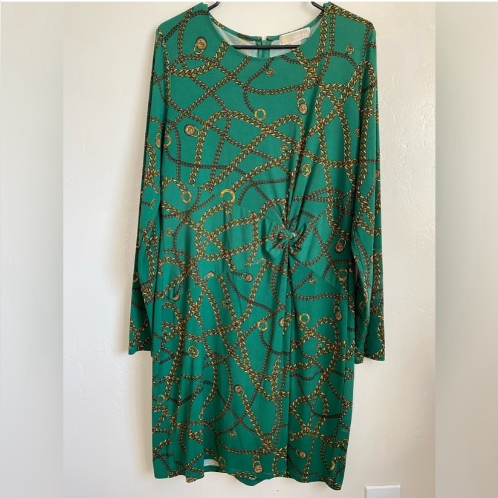 Michael Kors Front Twist Dress Women's Large Gold Chain Print Back Zip
